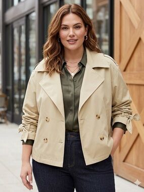 LANE BRYANT Light Beige Double-Breasted Short Trench Coat SIZE 1X